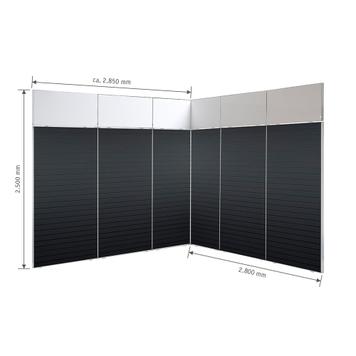 FlexiSlot-® Slatwall Messestand "Style" - 2.850 x 2.800 mm hjørnestand